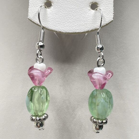 Artisan Boho Pink Green Flower Beaded Silver Tone Dangle Earrings Cute - Picture 1 of 6